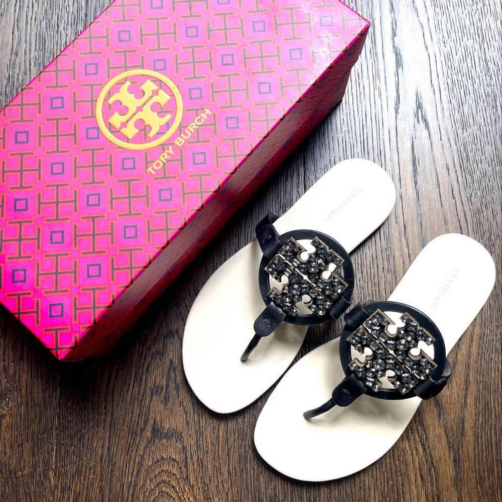 Tory Burch Crystal MILLER Soft Metal Logo Black White Sandals